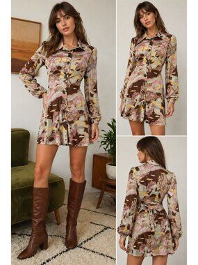 Vintage 70s Shirt Dress Scenic Print Button Front Tie Waist Mod Retro Cottagecor